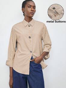 Maija Chemise décontractée à manches longues rayées, à simple boutonnage métallique pour femmes. Tenue de bureau décontractée urbaine pour femmes. Tenue de bureau élégante pour femmes. Convient pour Noël, le Nouvel An, les invités de mariage, les vêtements de base. - Noir - Voir 3