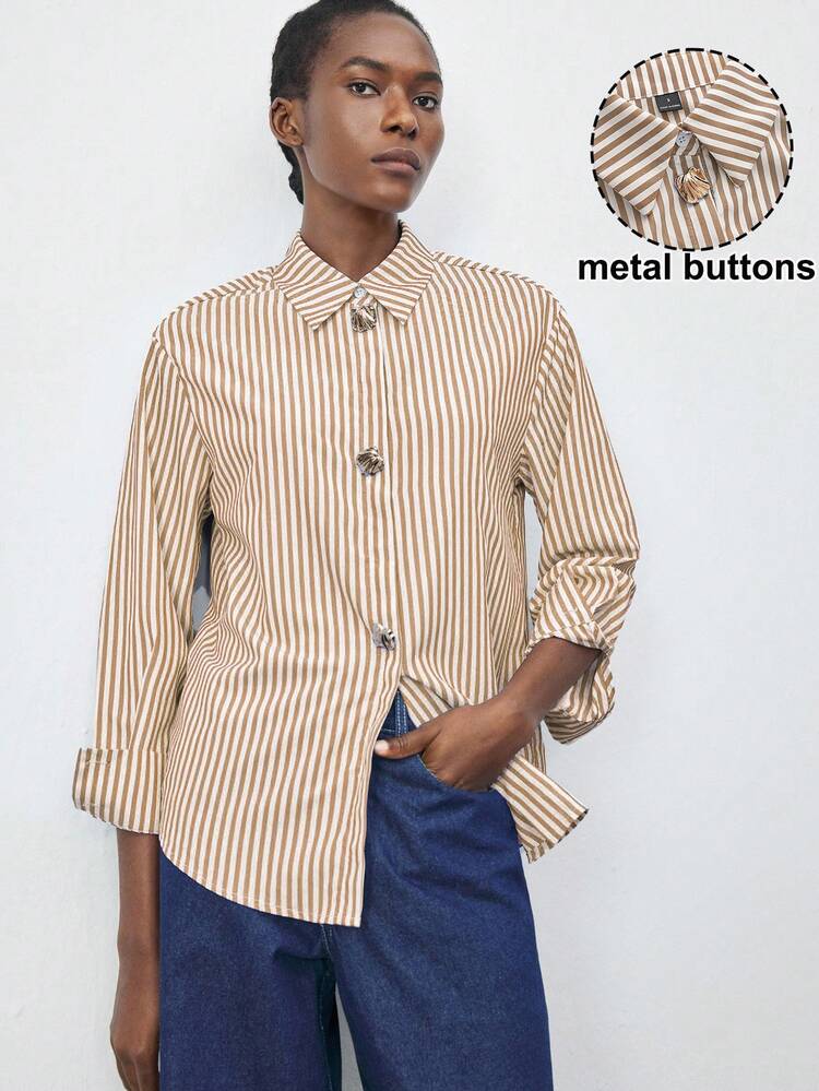 SHEIN Maija Women's Striped Long Sleeve Metal Single-Breasted Casual Commuter Shirt, Urban Commuter Business Casual Women's , Women's Office Attire, Women's Teacher Uniform, Women's Elegant Shirt, Suitable For Christmas, New Year Party, Wedding Guest, Basic Outerwear