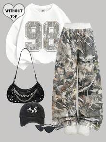 SHEIN Tween Girl Grey Camo Jeans Tree Branch Print Oversized Elastic Waist Soft Pants,Summer Streetwear School Back-To-School Fashion Vintage Casual - Multicolor - View 6