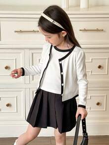 Genkimix Kids 2pcs/Set Girls Ribbed Knit Cardigan And Knit Vest, Korean Style Casual Comfortable Homewear, Suitable For Early Autumn, Late Autumn, Back To School Season - Apricot - View 3