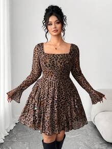 Elenzga Plus Size Women Elegant Sexy Modern Luxurious Long Sleeve Y2K Romantic Ruffle Two-Layer Abstract Leopard Print Mini Dress - Multicolor - View 1