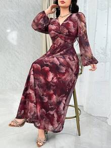 Modelyn 女式花卉印花扭纹设计灯笼袖优雅连衣裙 - 酒紅色 - 查看 6