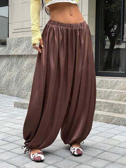 Muchica Women's Satin Elastic Waist Loose Casual Pants, Brown