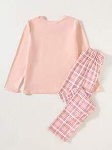Tween Girls Pajamas-Pajama Set Beige Letter Print Round Neck Long Sleeve Top With Pink Plaid Pants Simple Stylish Design Comfortable Loungewear Four Season Sleepwear 2026 New Year Essential - Pink - View 2