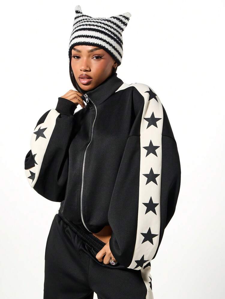 SUMWON Oversized Zip Through Funnel Neck Track Top With Contrast Cut And Sew Panels And Star Details