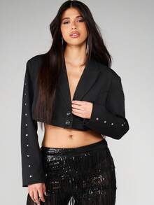 MISSGUIDED 短款水钻铆钉装饰纽扣前襟西装外套，宽翻领长袖，适合商务休闲办公场合穿着。 - 黑色 - 查看 4