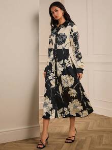 Lilora 女士优雅印花长袖衬衫裙，真丝衬衫裙，花卉图案，春季百搭女装，优雅时尚女士印花连衣裙，长袖印花连衣裙，纽扣连衣裙，适合舞会、晚宴、春夏等场合。 - 彩色 - 查看 4