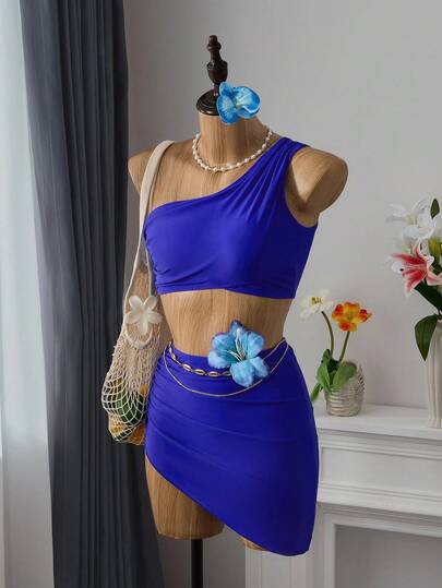 SHEIN Swim 女士纯色性感比基尼泳衣套装，含挂脖上衣和纱笼裙，夏季海滩装