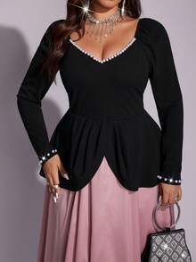 Vestido de cóctel de manga larga, elegante y de lujo, con bloque de color y decoración de perlas, estilo línea A, para mujer talla grande, color rosa, de Viva Relle - Multicolor - Ver 4
