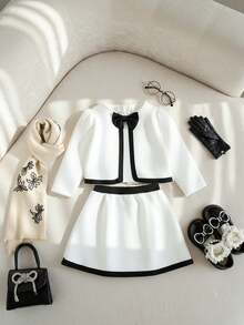 SHEIN 2pcs Baby Girl Cute Sweet Elegant Preppy Fashion White Black Contrast Color Binding Trim Bow Knot Decor Long Sleeve Round Neck Cardigan Jacket Blazer Coat Tops And A-Line Skirt Two Pieces Outfit Sets Suit Soft Clothes For Party Birthday Wedding Photo Shoot Fall Autumn Winter - White - View 3
