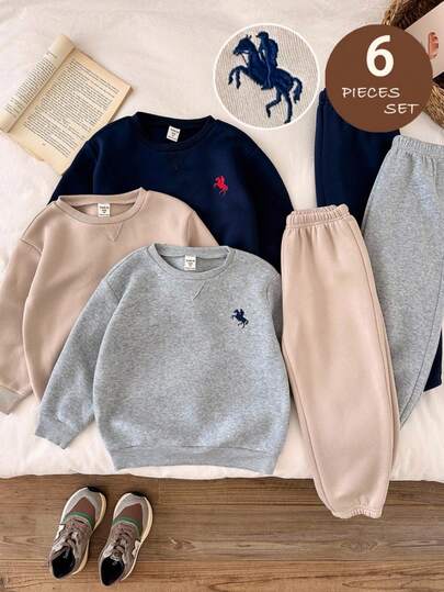 LMoss Kids LMoss 男童针织纯色圆领刺绣卫衣长裤套装（2件套），长袖上衣，舒适秋冬款式，套头衫