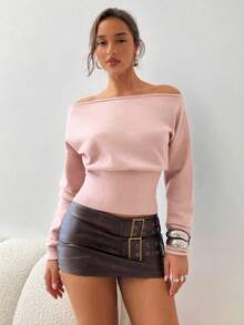 Aloruh Women's Autumn/Winter Exposed Shoulder Asymmetrical Shoulder Long Sleeve Tight Ribbed Light Pink Sweater,Fall,Fall Clothes For Women,Winter Clothes For Women - Baby Pink - View 3
