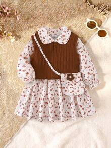 SHEIN Vintaside Kids 女婴牛仔连衣裙针织背心两件套，秋冬季 - 棕色 - 查看 4