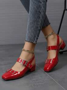Zapatos femeninos Mary Jane de charol, punta cuadrada, doble correa con tachuelas y hebilla, tacón bajo, estilo escolar para oficina y casual - Rojo - Ver 2