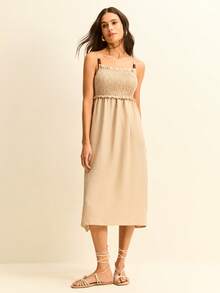 Daynim Solid Frill Trim Cami Dress - Light Beige - View 8
