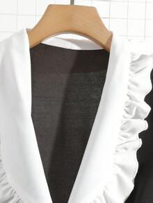 SHEIN Franclia Elegant Black And White Autumn Office Jumpsuit,Deep V-Neck Ruffle Collar Long Sleeve Colorblock 2 In 1 Stretchy Knit Fabric Fitted Professional Sets - Black and White - View 5