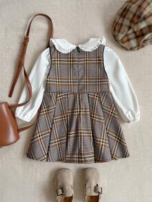 PrepCrw 1 pieza Vestido largo de manga larga a cuadros caqui y blanco con cuello para niñas bebé, elegante y versátil, adecuado para uso casual diario, salidas, reuniones, otoño e invierno - Multicolor - Ver 2