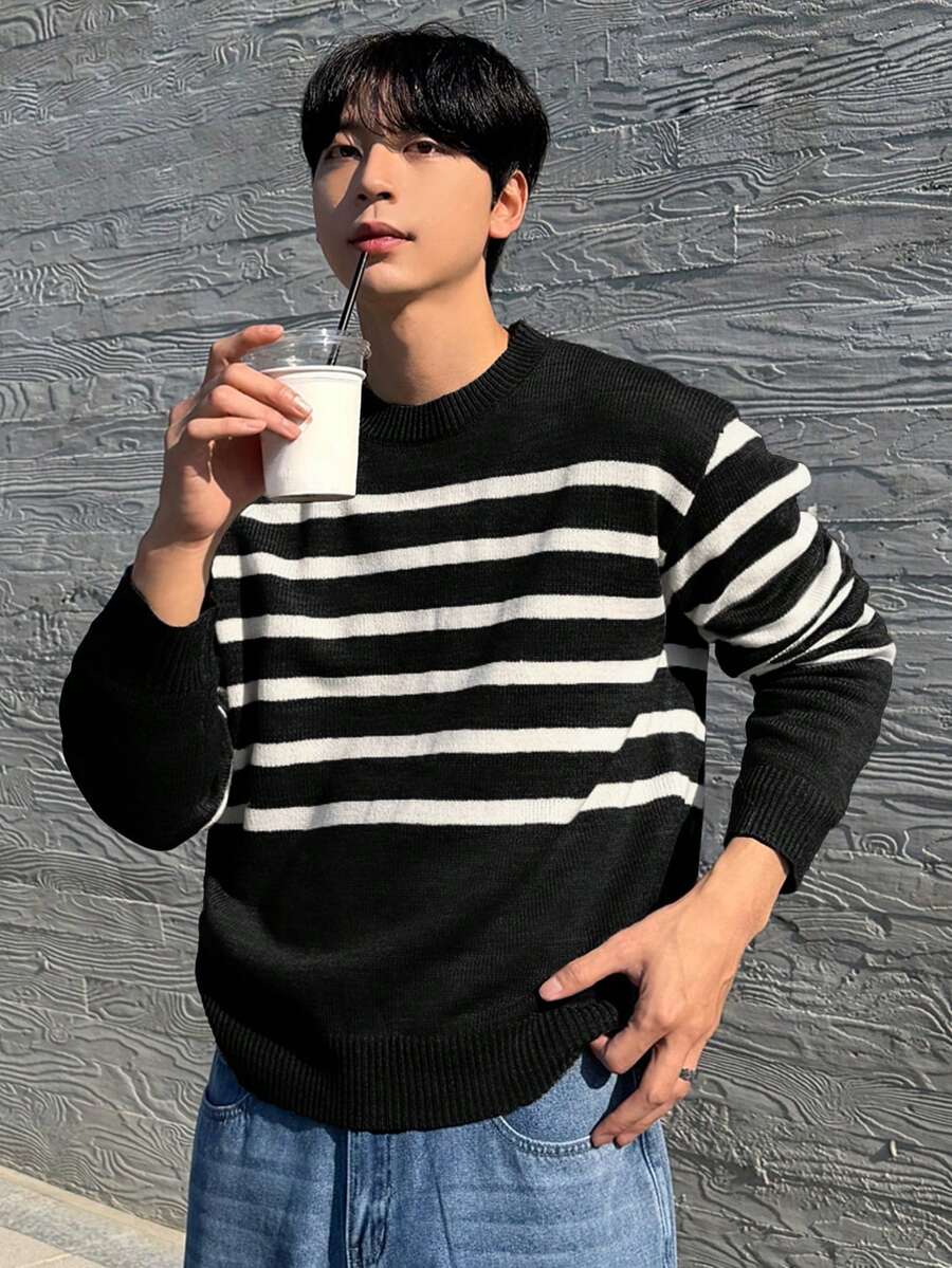 DAZY Men's Round Neck Black Striped Sweater, Autumn - Black - View 1