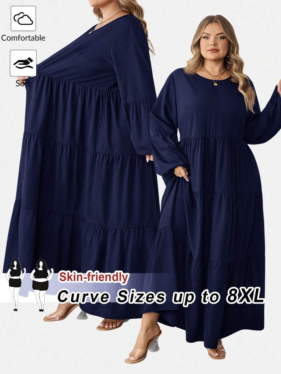 SHEIN CURVE+ 大码女装春夏纯色圆领灯笼袖荷叶边宽松休闲连衣裙长款女装/秋冬 - 藏蓝色 - 查看 1
