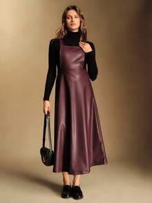Écloséra French-Style,Burgundy,Autumn,Elegant,Work Elegant Fashionable Suspender PU Dress,Women's New Year's Casual Long Party Dress - Red - View 4