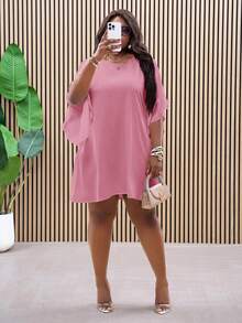 Slaydiva Váy dài đến đầu gối dáng chữ A màu trắng cỡ lớn có tay cánh dơi, trang phục thường ngày khi đi làm vào mùa xuân và mùa hè - Hồng - Xem 4