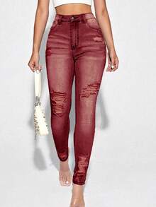 SHEIN Essnce Quần Jeans Denim Ôm Vừa Vặn, Giặt Thường Ngày - Màu Đỏ Sâu - Xem 4