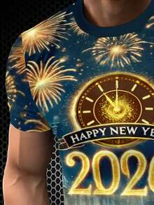 Manfinity Homme 男士时尚3D印花“2026新年快乐”T恤 圣诞上衣 圣诞礼物 男士礼物 圣诞T恤 - 彩色 - 查看 6