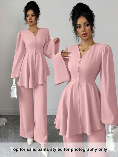 Graceveil 1pc Women's Solid Color V-Neck Elegant Asymmetric Hem Long Sleeve Blouse