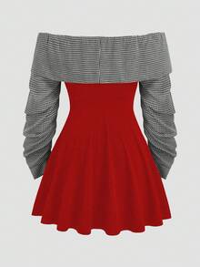 Sweetra Vestido elegante de talla grande con parches a cuadros y hombros descubiertos 2 en 1 - Rojo - Ver 2