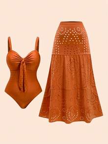 Swim Oasis 大码女式假日沙滩度假镂空花卉连体泳衣带泳裙两件套 - 橘色 - 查看 10