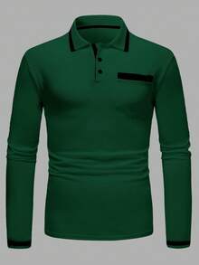 Manfinity Homme 男士休闲日常撞色纽扣半开襟长袖 Polo 衫，秋季男士长袖 Polo 衫，男士翻领衬衫，男士绿色衬衫，绿色男士休闲绿色衬衫 - 墨綠色 - 查看 3