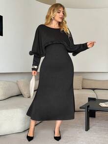 Modelyn Plus Size Women's Elegant Knitted 2 Pieces Set, Fuzzy Trim Shawl & Fitted Long Dress, Spring/Autumn - Grey - View 4