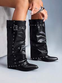 CUCCOO GRLICON Y2K Punk Style Pointed Toe Wooden Heel Knee-High Slip-On Buckle Belt Rivet Decor Boots, Suitable For Motorcycle, Cool Girl, Halloween, Christmas, Party Outfits - Black - View 5