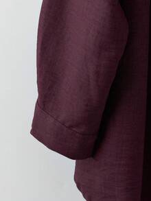 EMERY ROSE Plus Size Women's Solid Color Linen Blend Round Neck Lace Patchwork Full Button Down Casual Comfortable Regular Shirt + Elastic Waist Loose Pants 2 Pieces Set - Burgundy - View 3