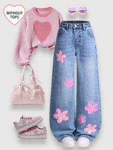 青少年女孩牛仔褲，藍粉花卉印花破洞寬腿休閒版型高腰牛仔長褲，返校季休閒校園夏季 Y2K 90年代風格 - 中等水洗藍 - 查看 8