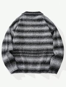 Manfinity CasualKnits 男士休闲时尚街头渐变条纹图案半拉链翻领超大宽松彩色水钻装饰毛衣，秋冬 - 黑色 - 查看 2
