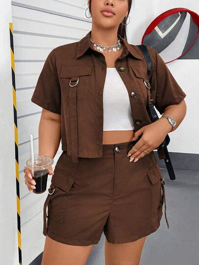 Flirla 大码女式纯色单排扣短袖实用口袋衬衫和短裤休闲两件套