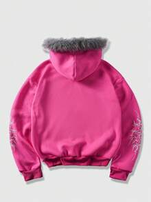 ROMWE MEN Men's Gothic Drop Shoulder Long Sleeve Zip-Up Hooded Sweatshirt Sweatshirt - Hot Pink - View 2