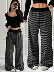 SHEIN EZwear 女式黑白条纹针织抽绳腰休闲阔腿裤 - 彩色 - 查看 1