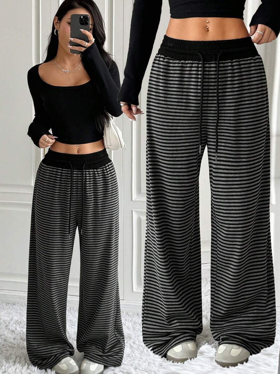 SHEIN EZwear 女式黑白条纹针织抽绳腰休闲阔腿裤 - 彩色 - 查看 1