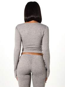 SUMWON WOMEN Heathered Notch Neck Long Sleeve Lounge Top Casual Comfort Winter Layering Essential Basic Pullover - Grey - View 2