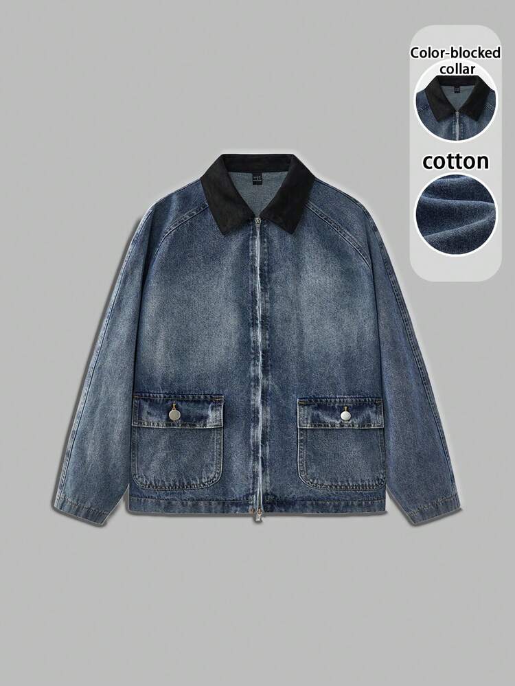 SHEIN Maija Damen Herbst Kontrast Farbe Kragen Raglan Ärmel Reißverschluss Vorne Lässige Denim Jacke