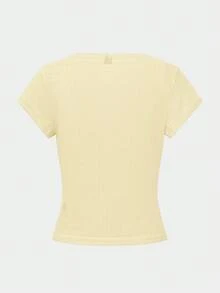 Chiquease 甜美蕾丝边短袖 T 恤女士，新款夏季修身款三扣半袖黄色上衣 - 黃色 - 查看 7