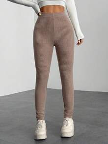 SHEIN PETITE 女士罗纹高腰四季打底裤 - 棕色 - 查看 3