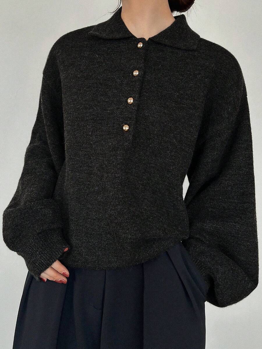 FRIFUL Women's Polo Collar Half-Zip Metal Button Decor Loose Lantern Sleeve Contrast Color Sweater