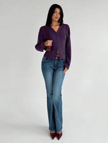 Aloruh Women's Fashionable French Retro V-Neck Raglan Sleeve Long Sleeve Burgundy Knit Shirt - Purple - View 6