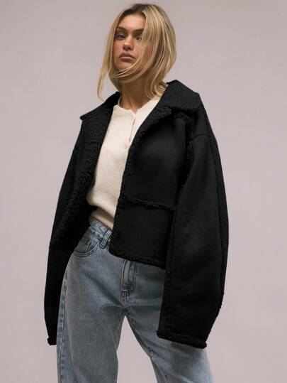 MUSERA Shearling Suede Collared Jacket,Summer, Sweet Airport Holiday Streetwear , Winter, Back To School Office Work Everyday Spring