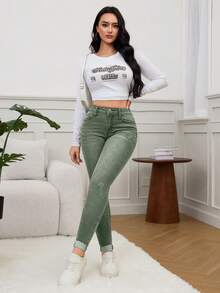 SHEIN EZwear 女式修身百搭休闲春季高腰破洞紧身牛仔裤 - 綠色 - 查看 5