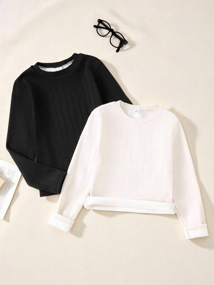 SHEIN 2件套少女休闲日常百搭通勤运动舒适保暖高领打底衫,黑色和米色,长袖,可搭配紧身牛仔裤、短裤、裙子。 - 彩色 - 查看 1