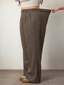 Enliva 大码休闲复古褶皱格子西装裤，秋冬 - 米色 - 查看 5